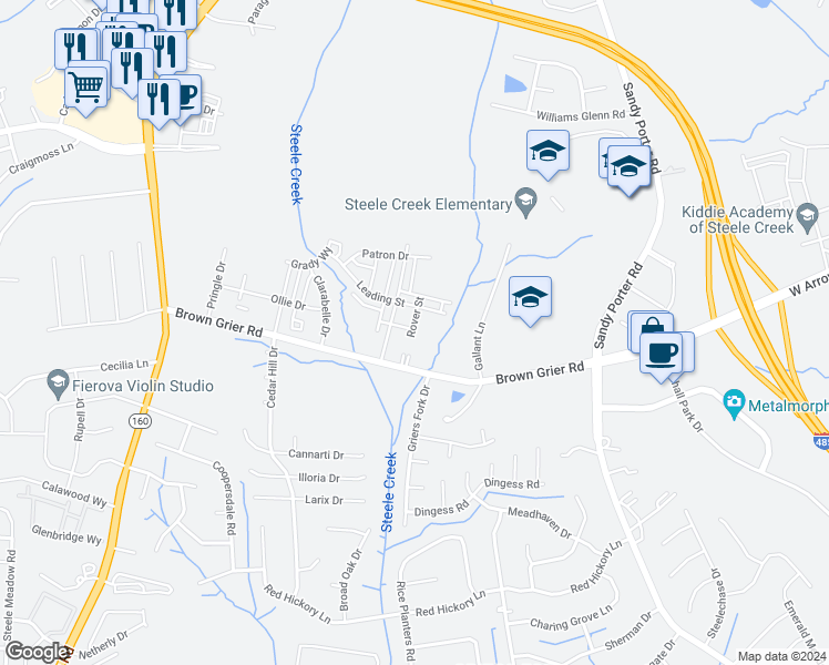 map of restaurants, bars, coffee shops, grocery stores, and more near 10108 Guardian Drive in Charlotte