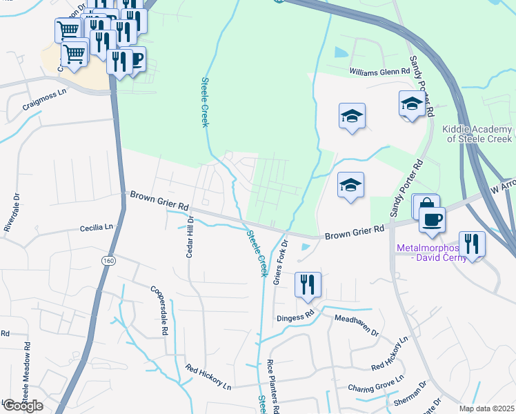 map of restaurants, bars, coffee shops, grocery stores, and more near 13815 Brown Grier Road in Charlotte