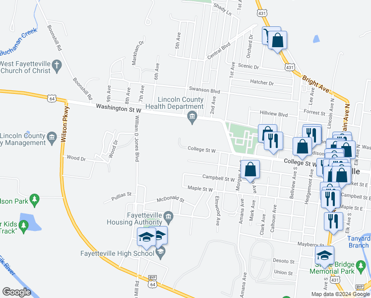 map of restaurants, bars, coffee shops, grocery stores, and more near 2000 College Street West in Fayetteville