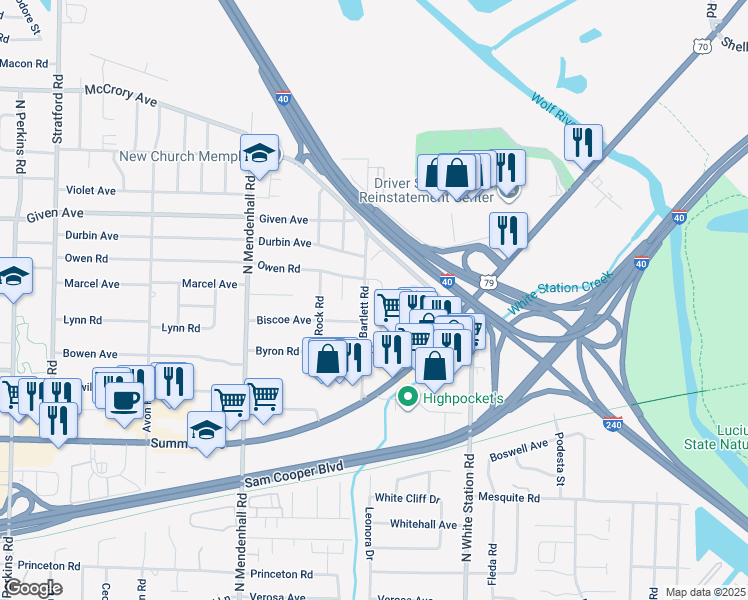 map of restaurants, bars, coffee shops, grocery stores, and more near 830 Bartlett Road in Memphis