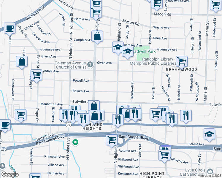 map of restaurants, bars, coffee shops, grocery stores, and more near 3447 Powell Avenue in Memphis