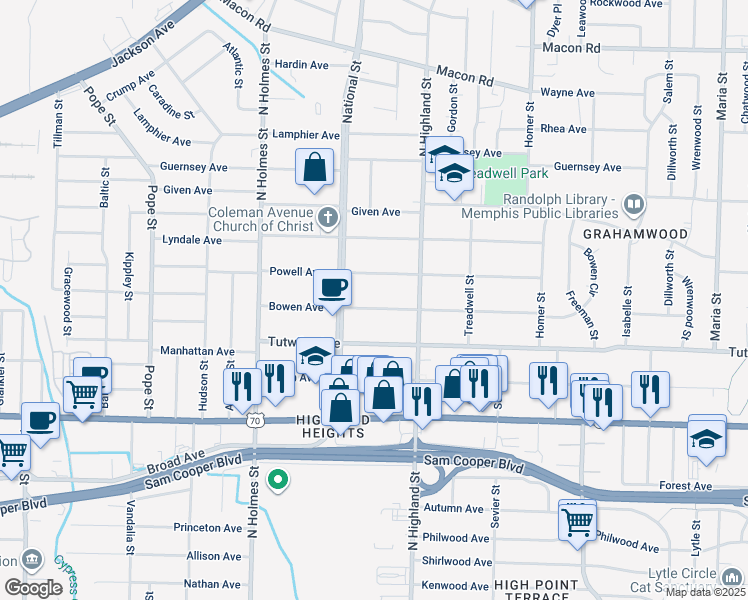 map of restaurants, bars, coffee shops, grocery stores, and more near 3447 Powell Avenue in Memphis