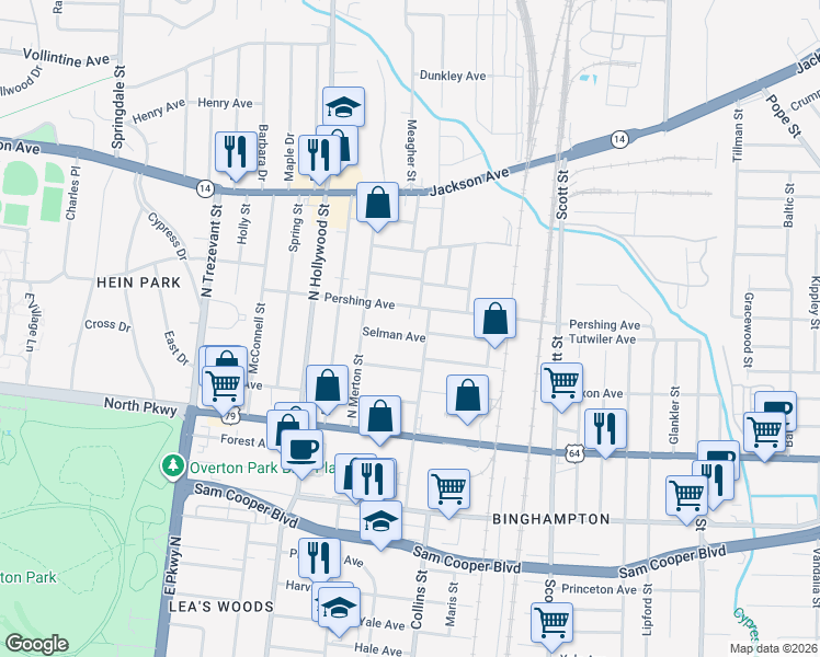 map of restaurants, bars, coffee shops, grocery stores, and more near 2567 Pershing Avenue in Memphis