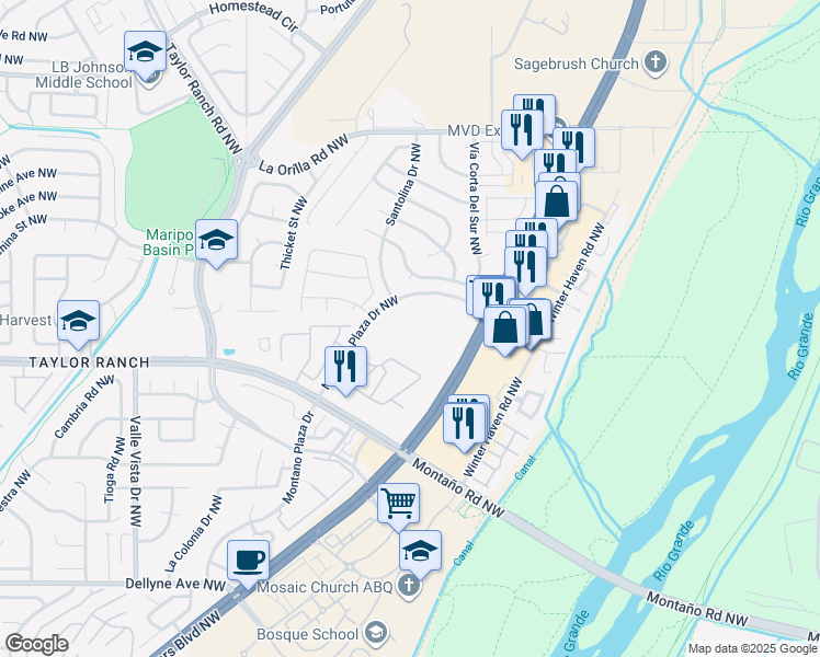 map of restaurants, bars, coffee shops, grocery stores, and more near 6200 Montano Plaza Drive Northwest in Albuquerque