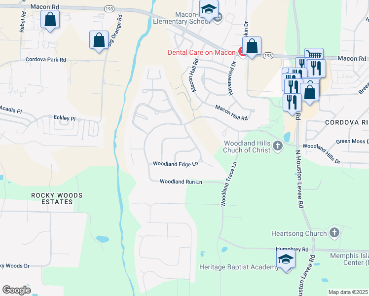 map of restaurants, bars, coffee shops, grocery stores, and more near 1086 Woodland Glen Drive in Shelby County
