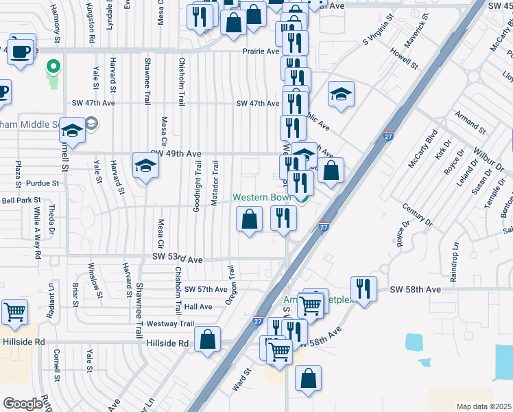 map of restaurants, bars, coffee shops, grocery stores, and more near 4201 Southwest 51st Avenue in Amarillo