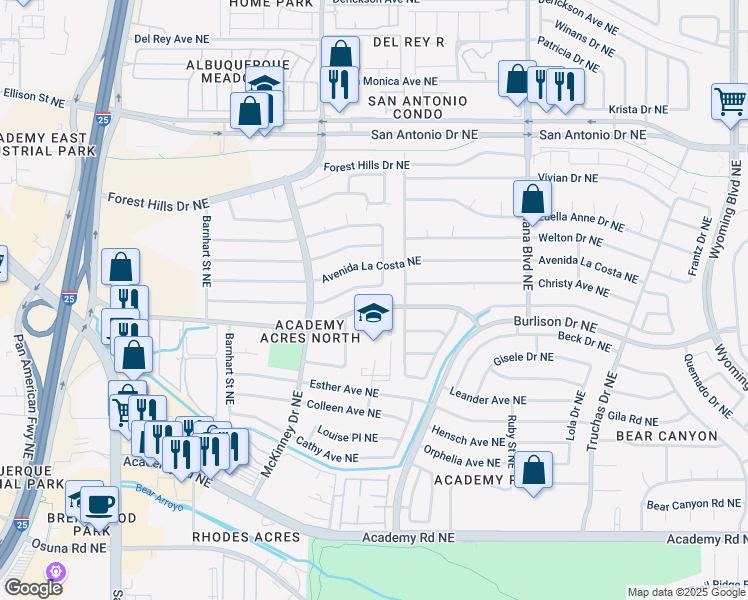 map of restaurants, bars, coffee shops, grocery stores, and more near 6508 Lafving Street Northeast in Albuquerque