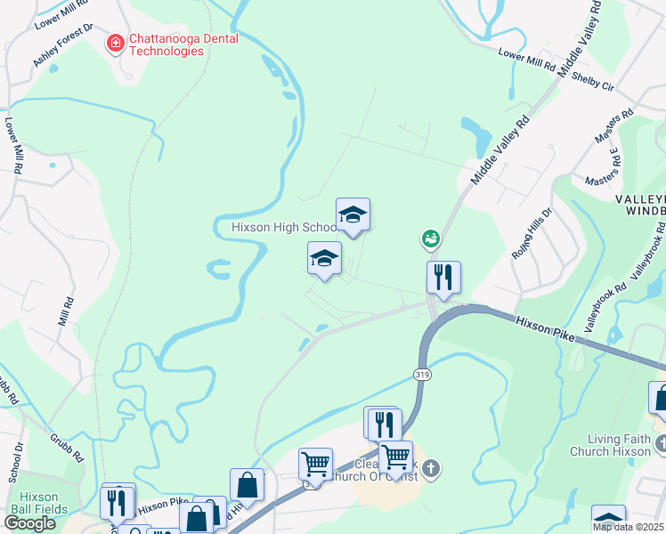 map of restaurants, bars, coffee shops, grocery stores, and more near 5705 Middle Valley Road in Chattanooga