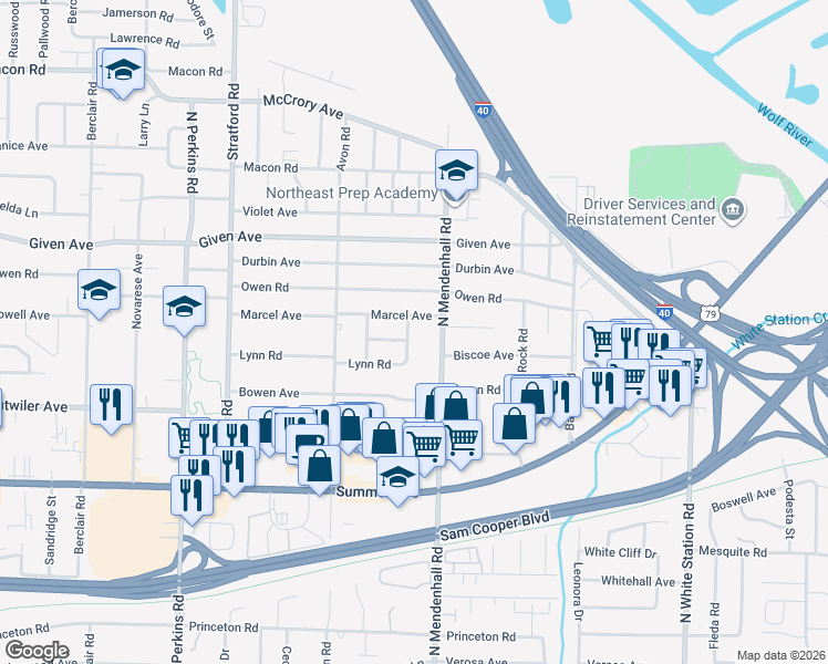 map of restaurants, bars, coffee shops, grocery stores, and more near 4841 Marcel Avenue in Memphis