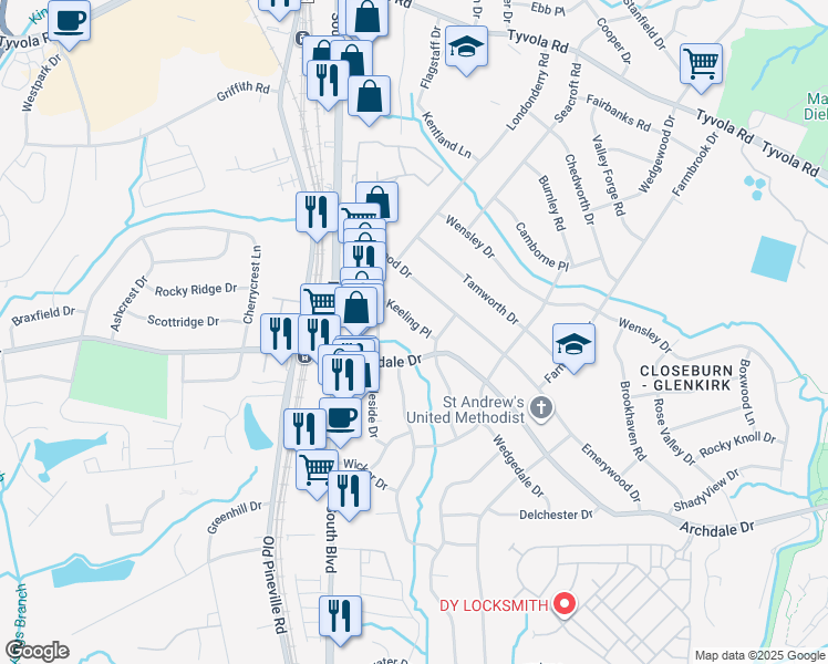 map of restaurants, bars, coffee shops, grocery stores, and more near 6014 Netherwood Drive in Charlotte