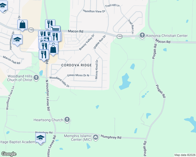map of restaurants, bars, coffee shops, grocery stores, and more near 1046 Mossy Knoll Drive in Shelby County