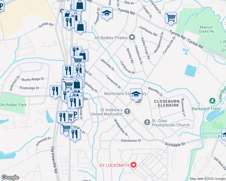 map of restaurants, bars, coffee shops, grocery stores, and more near 1733 Emerywood Drive in Charlotte
