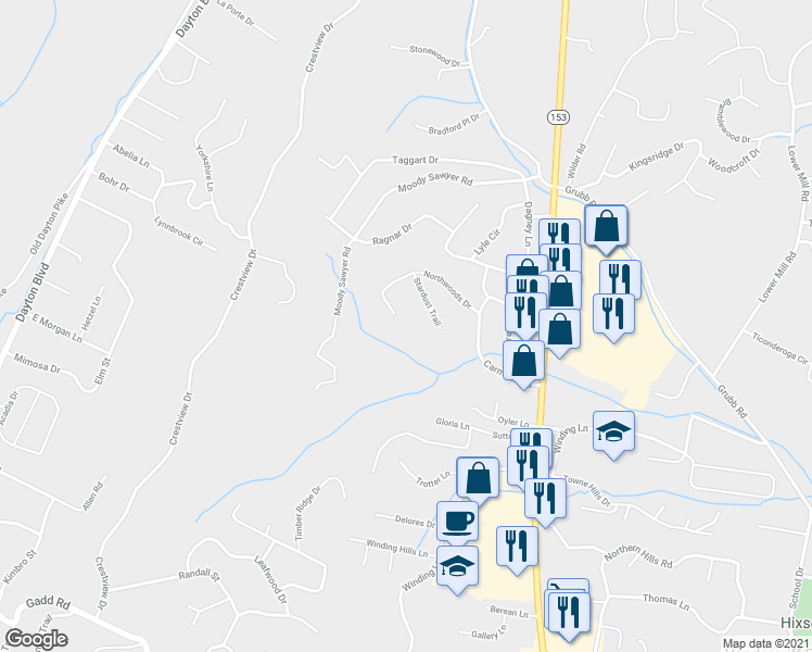 map of restaurants, bars, coffee shops, grocery stores, and more near 5915 Northwoods Drive in Chattanooga