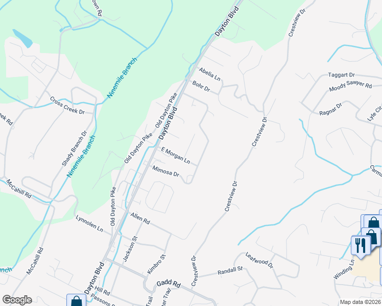 map of restaurants, bars, coffee shops, grocery stores, and more near 5723 North Morgan Lane in Chattanooga