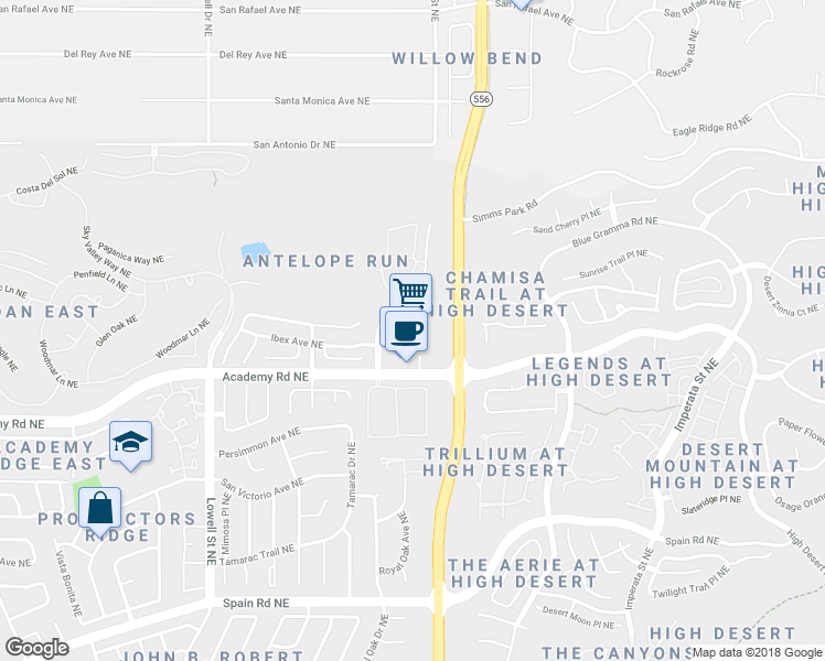 map of restaurants, bars, coffee shops, grocery stores, and more near 12201 Academy Road Northeast in Albuquerque