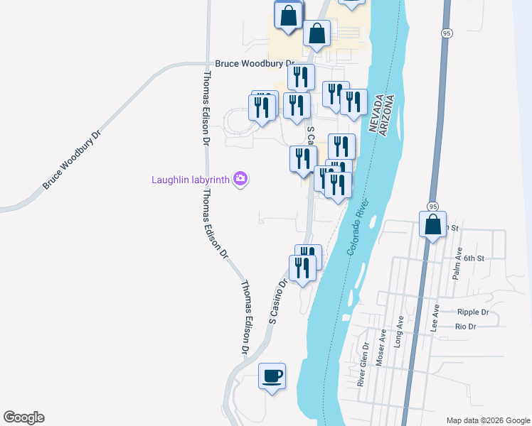 map of restaurants, bars, coffee shops, grocery stores, and more near 190 Sundance Shores Drive in Laughlin