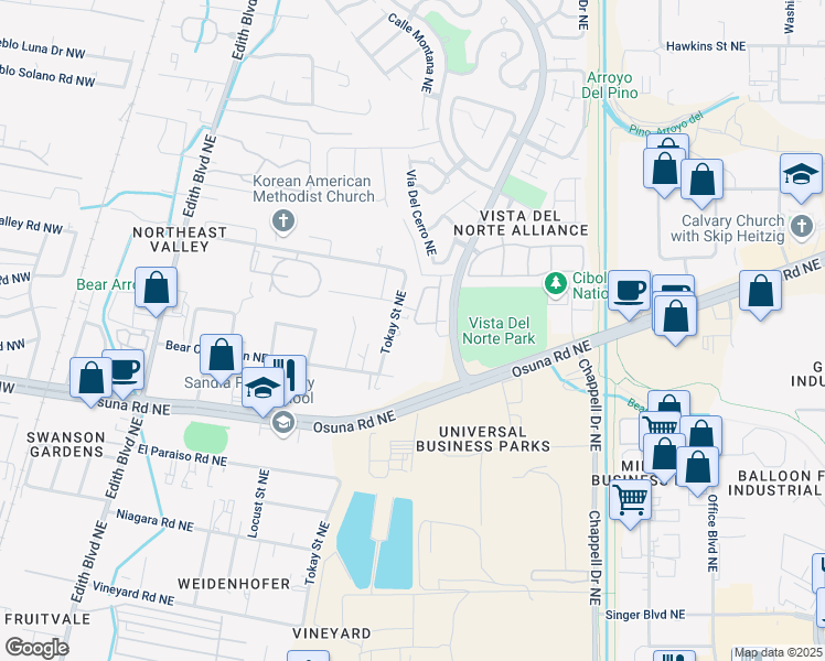 map of restaurants, bars, coffee shops, grocery stores, and more near 6505 Agave Verde Way Northeast in Albuquerque