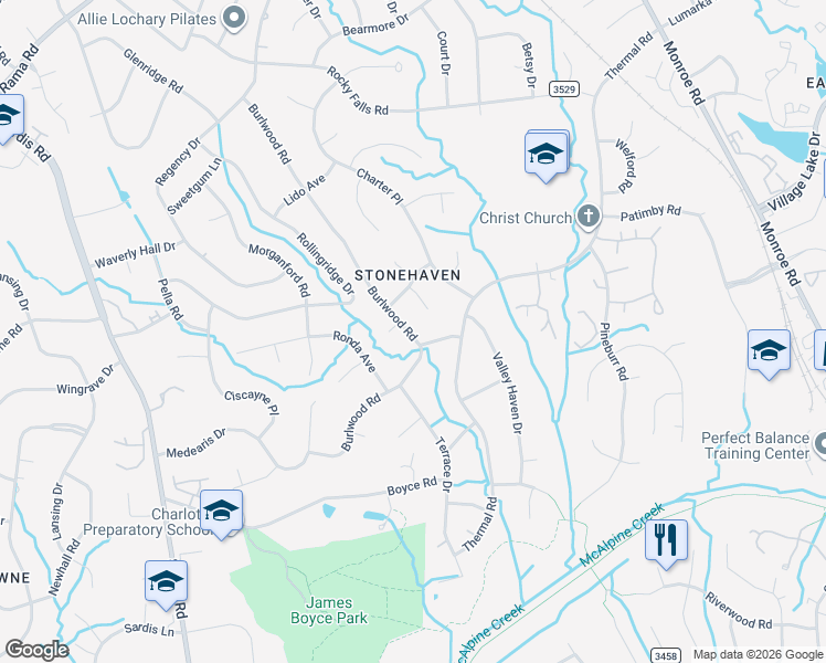 map of restaurants, bars, coffee shops, grocery stores, and more near 6805 Burlwood Road in Charlotte