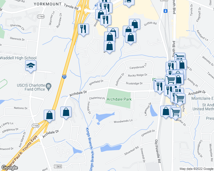 map of restaurants, bars, coffee shops, grocery stores, and more near 834 Braxfield Drive in Charlotte