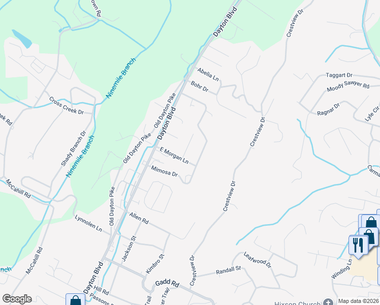 map of restaurants, bars, coffee shops, grocery stores, and more near 5723 North Morgan Lane in Chattanooga