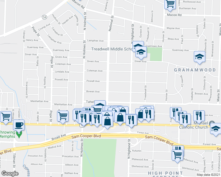 map of restaurants, bars, coffee shops, grocery stores, and more near in Memphis