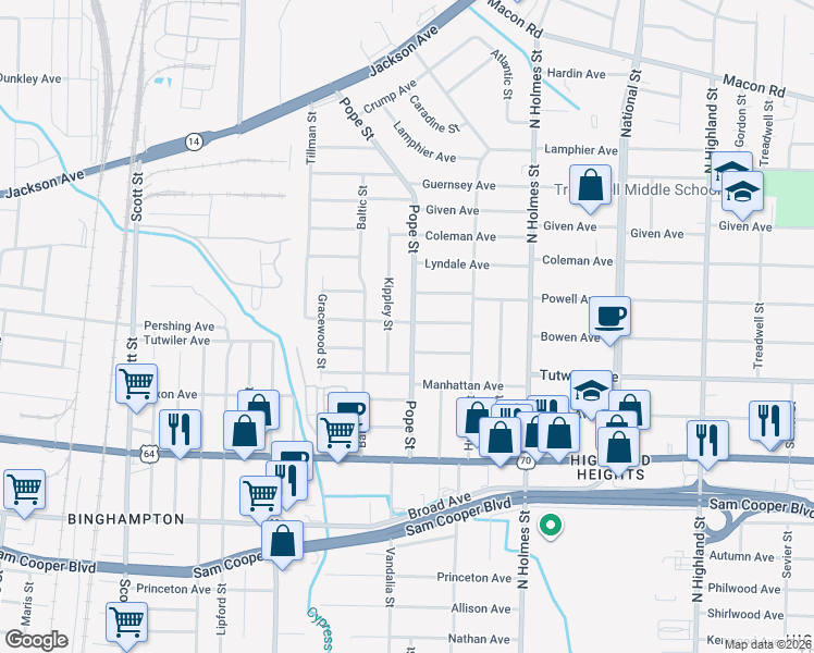 map of restaurants, bars, coffee shops, grocery stores, and more near 798 Kippley Street in Memphis