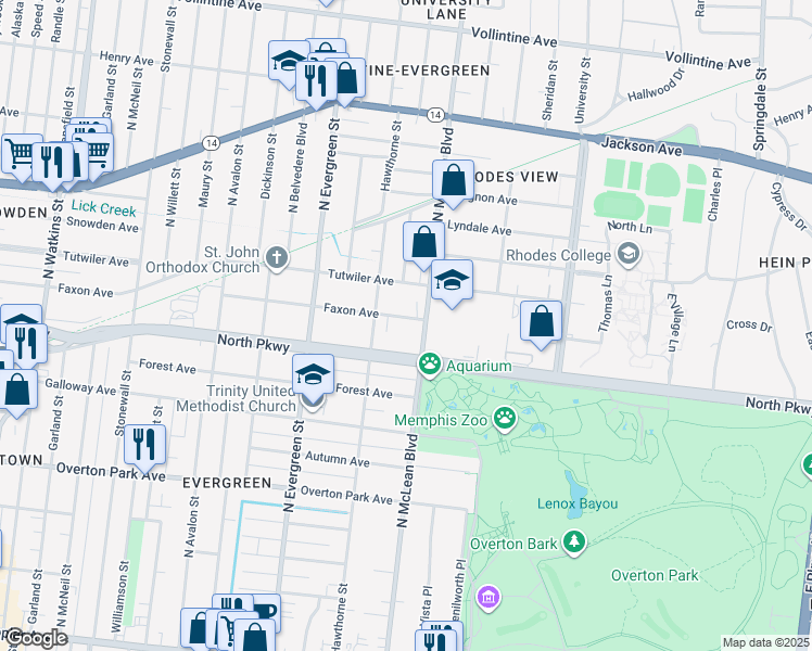 map of restaurants, bars, coffee shops, grocery stores, and more near 1810 Faxon Avenue in Memphis