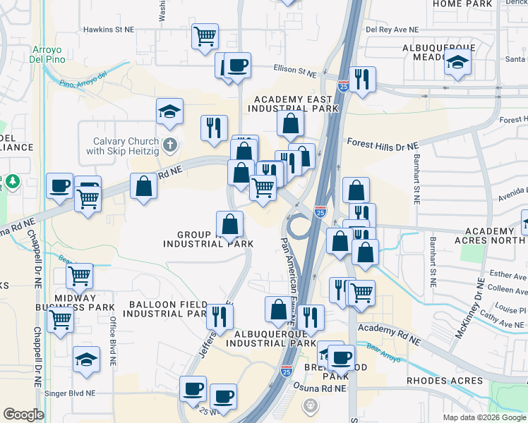 map of restaurants, bars, coffee shops, grocery stores, and more near 4400 Presidential Drive Northeast in Albuquerque