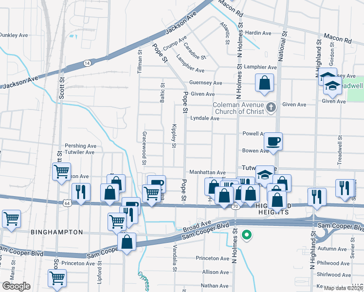 map of restaurants, bars, coffee shops, grocery stores, and more near 798 Kippley Street in Memphis
