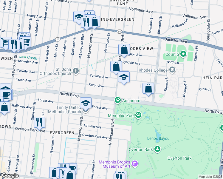 map of restaurants, bars, coffee shops, grocery stores, and more near 1810 Faxon Avenue in Memphis