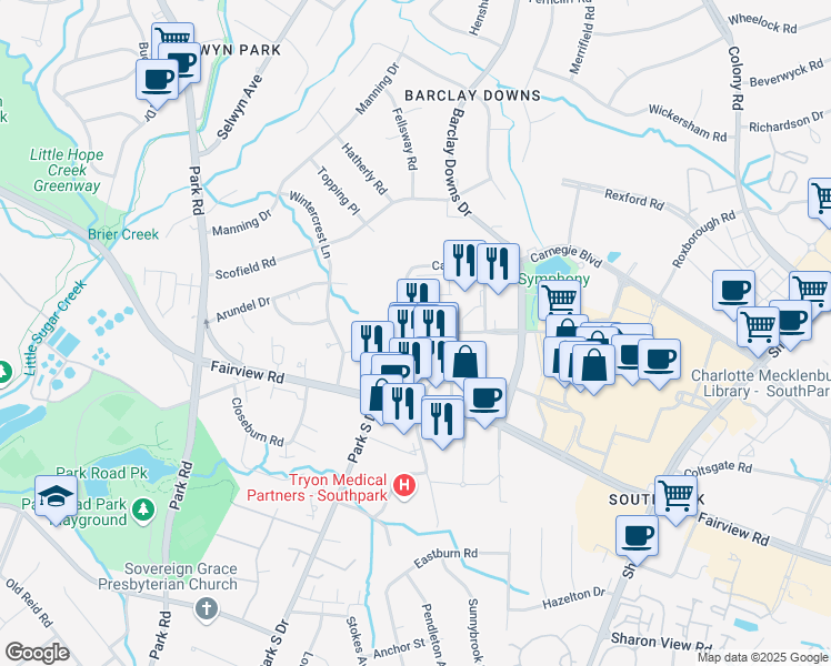 map of restaurants, bars, coffee shops, grocery stores, and more near 5725 Carnegie Boulevard in Charlotte