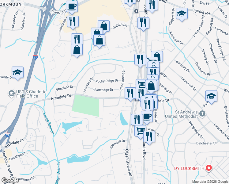map of restaurants, bars, coffee shops, grocery stores, and more near 6236 Cherrycrest Lane in Charlotte