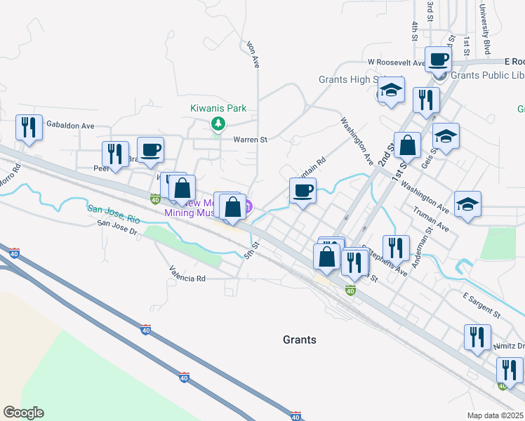 map of restaurants, bars, coffee shops, grocery stores, and more near 301 Mountain Road in Grants