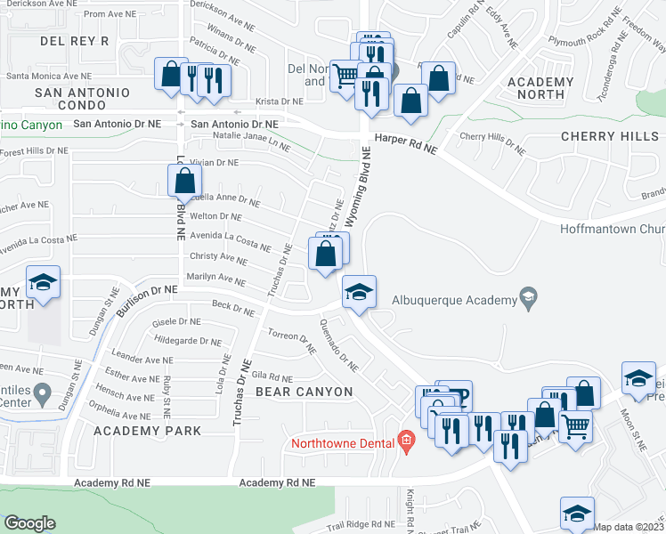 map of restaurants, bars, coffee shops, grocery stores, and more near 6501 Wyoming Boulevard Northeast in Albuquerque
