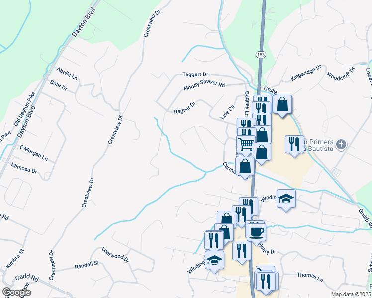 map of restaurants, bars, coffee shops, grocery stores, and more near 5915 Northwoods Drive in Chattanooga