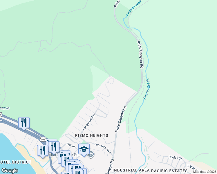 map of restaurants, bars, coffee shops, grocery stores, and more near 1174 Longview Avenue in Pismo Beach