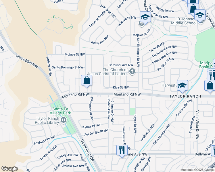 map of restaurants, bars, coffee shops, grocery stores, and more near 6105 Eagle Eye Drive Northwest in Albuquerque