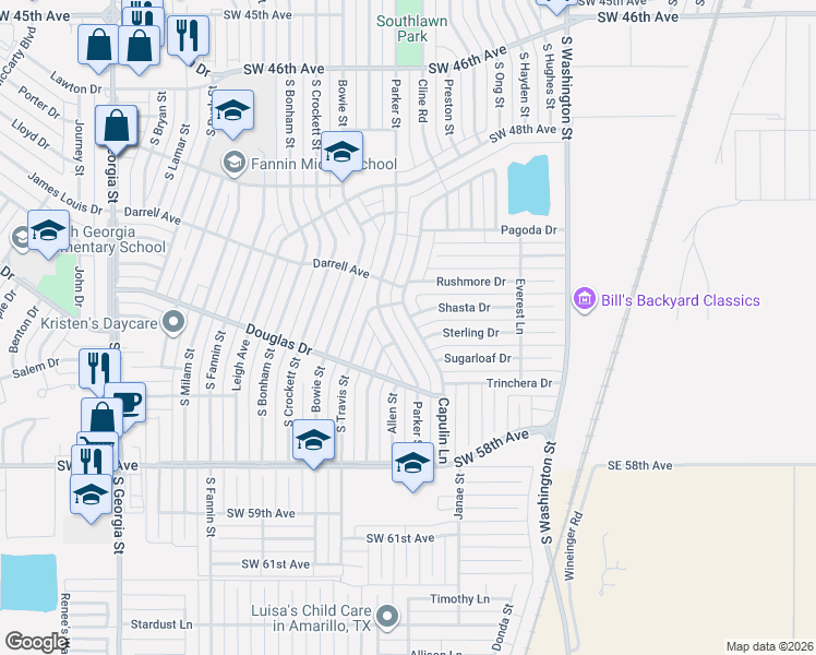 map of restaurants, bars, coffee shops, grocery stores, and more near 1177 Shasta Drive in Amarillo