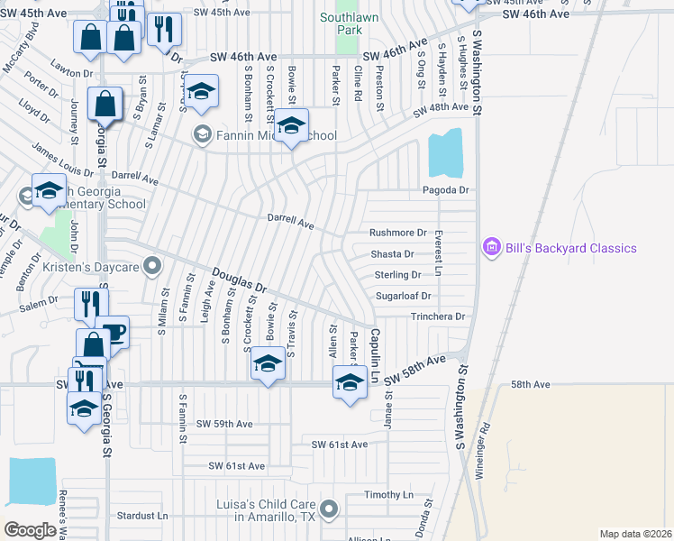 map of restaurants, bars, coffee shops, grocery stores, and more near 1177 Shasta Drive in Amarillo