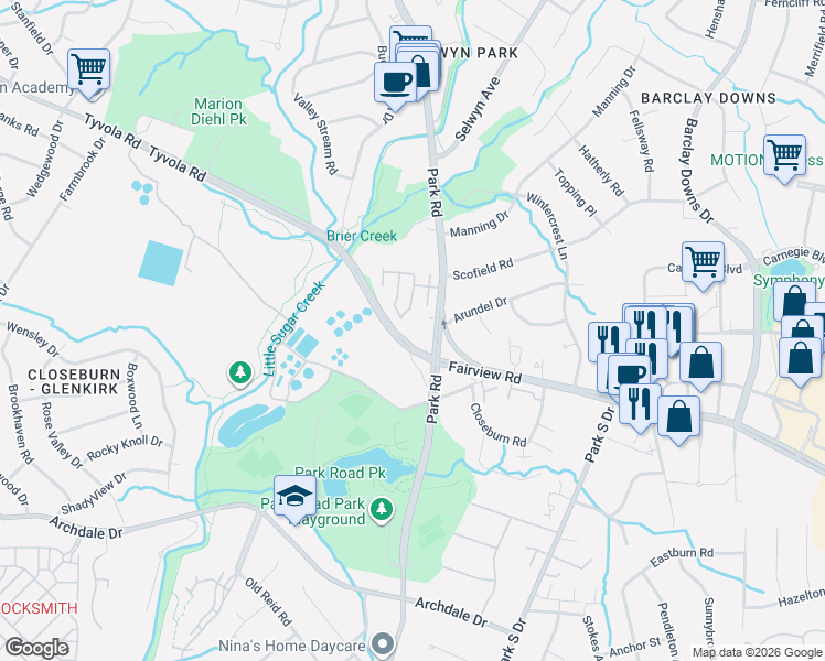 map of restaurants, bars, coffee shops, grocery stores, and more near 3062 Castleberry Court in Charlotte