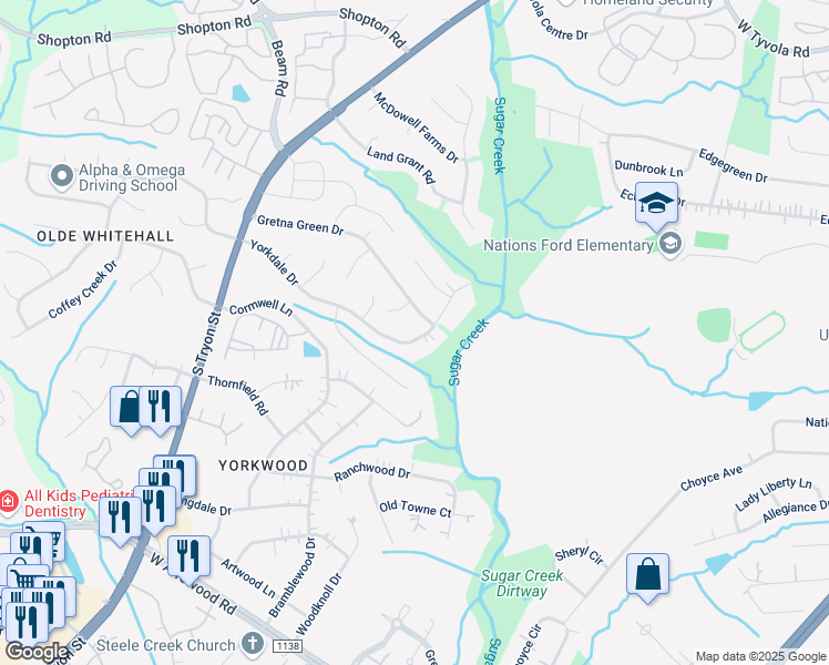 map of restaurants, bars, coffee shops, grocery stores, and more near 7115 Bearsden Court in Charlotte