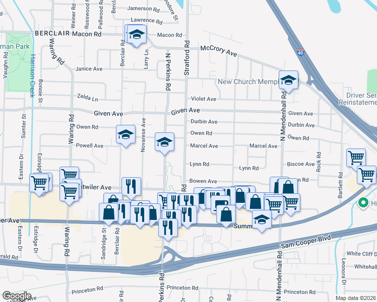 map of restaurants, bars, coffee shops, grocery stores, and more near 4661 Marcel Avenue in Memphis