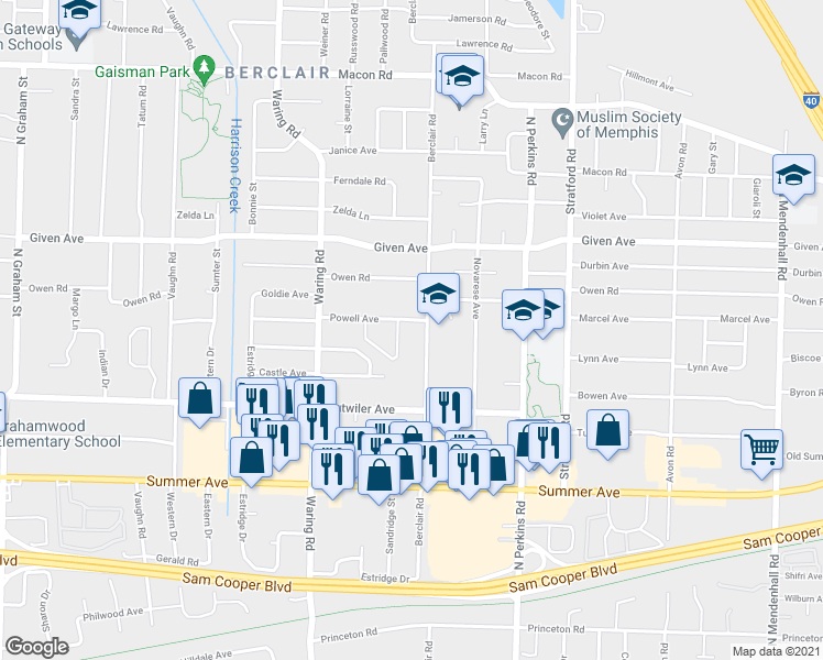 map of restaurants, bars, coffee shops, grocery stores, and more near 829 Berclair Road in Memphis