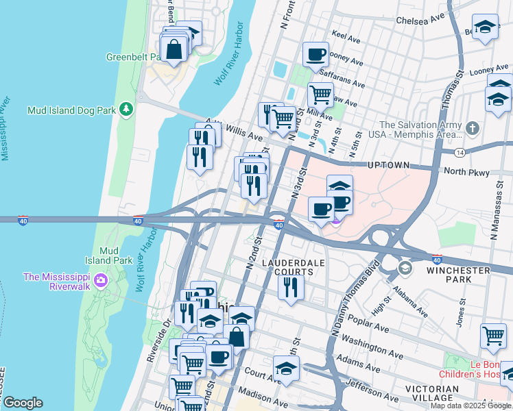 map of restaurants, bars, coffee shops, grocery stores, and more near 338 North Main Street in Memphis