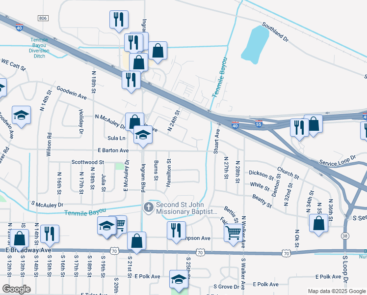 map of restaurants, bars, coffee shops, grocery stores, and more near 2412 East Barton Avenue in West Memphis