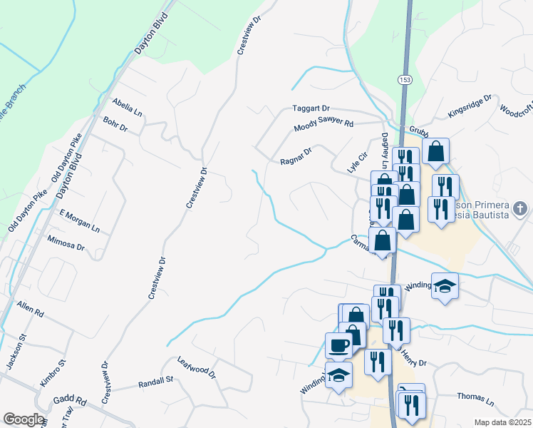 map of restaurants, bars, coffee shops, grocery stores, and more near 5604 Moody Sawyer Road in Chattanooga