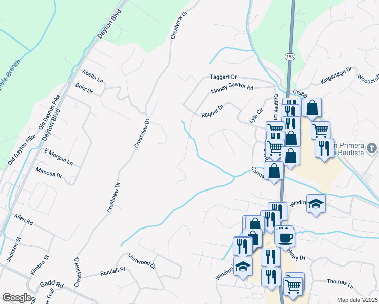 map of restaurants, bars, coffee shops, grocery stores, and more near 5604 Moody Sawyer Road in Chattanooga