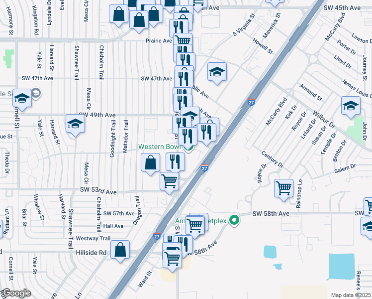map of restaurants, bars, coffee shops, grocery stores, and more near 5103 South Western Street in Amarillo