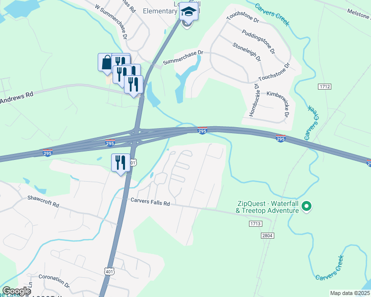 map of restaurants, bars, coffee shops, grocery stores, and more near 6380 Abbotts Park Drive in Fayetteville