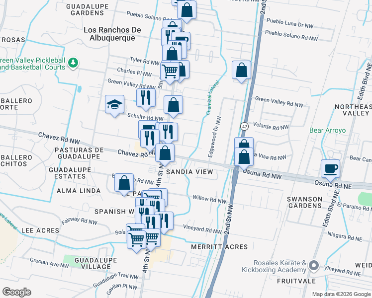 map of restaurants, bars, coffee shops, grocery stores, and more near 332 Nara Visa Road Northwest in Los Ranchos de Albuquerque